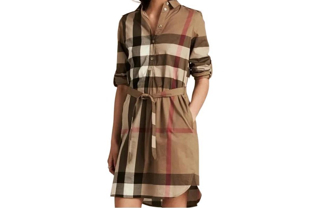 Order (W) Vestido Burberry manga larga con cinturón y botones marrón a cuadros. 80803741
