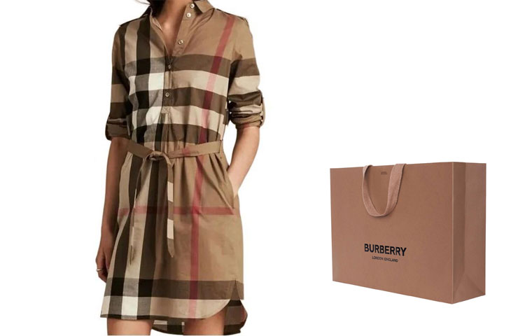 Lookbook (W) Vestido Burberry manga larga con cinturón y botones marrón a cuadros. 80803741
