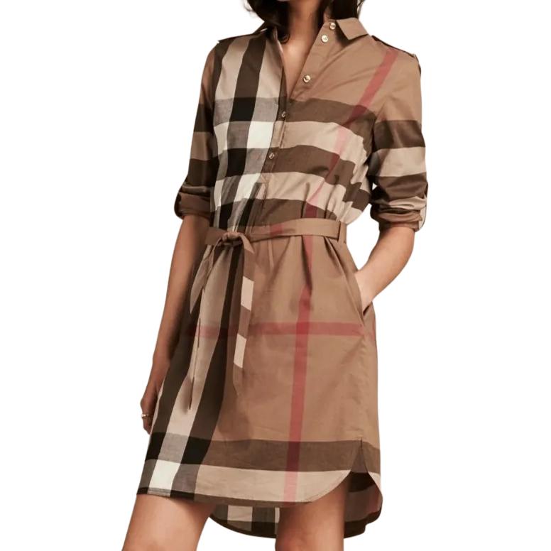 Shop (W) Vestido Burberry manga larga con cinturón y botones marrón a cuadros. 80803741