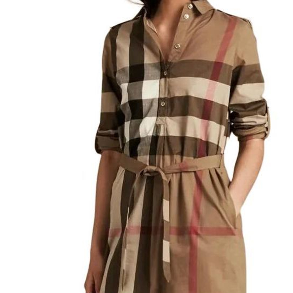 Details for (W) Vestido Burberry manga larga con cinturón y botones marrón a cuadros. 80803741