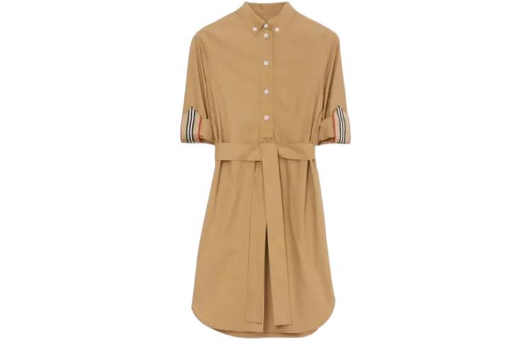 Order (W) Burberry 米色中長款短袖翻領連衣裙 - 駝色 80673511