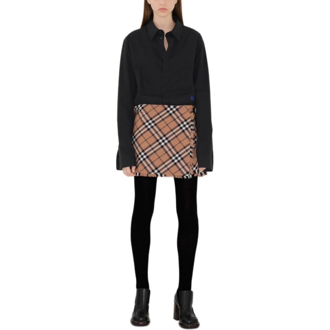 Shop (W) Burberry 綠色格紋流蘇下擺迷你休閒裙 80953961