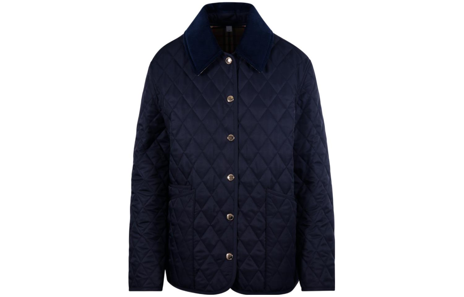 Order (W) Burberry Jaket Quilted Biru Navy dengan Kolar Point dan Butang Tunggal. 80782391