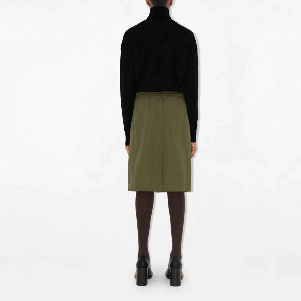Shop (Women) Burberry  Olive Green Midi Skirt with Back Split and Snap Button Belt. 80939451