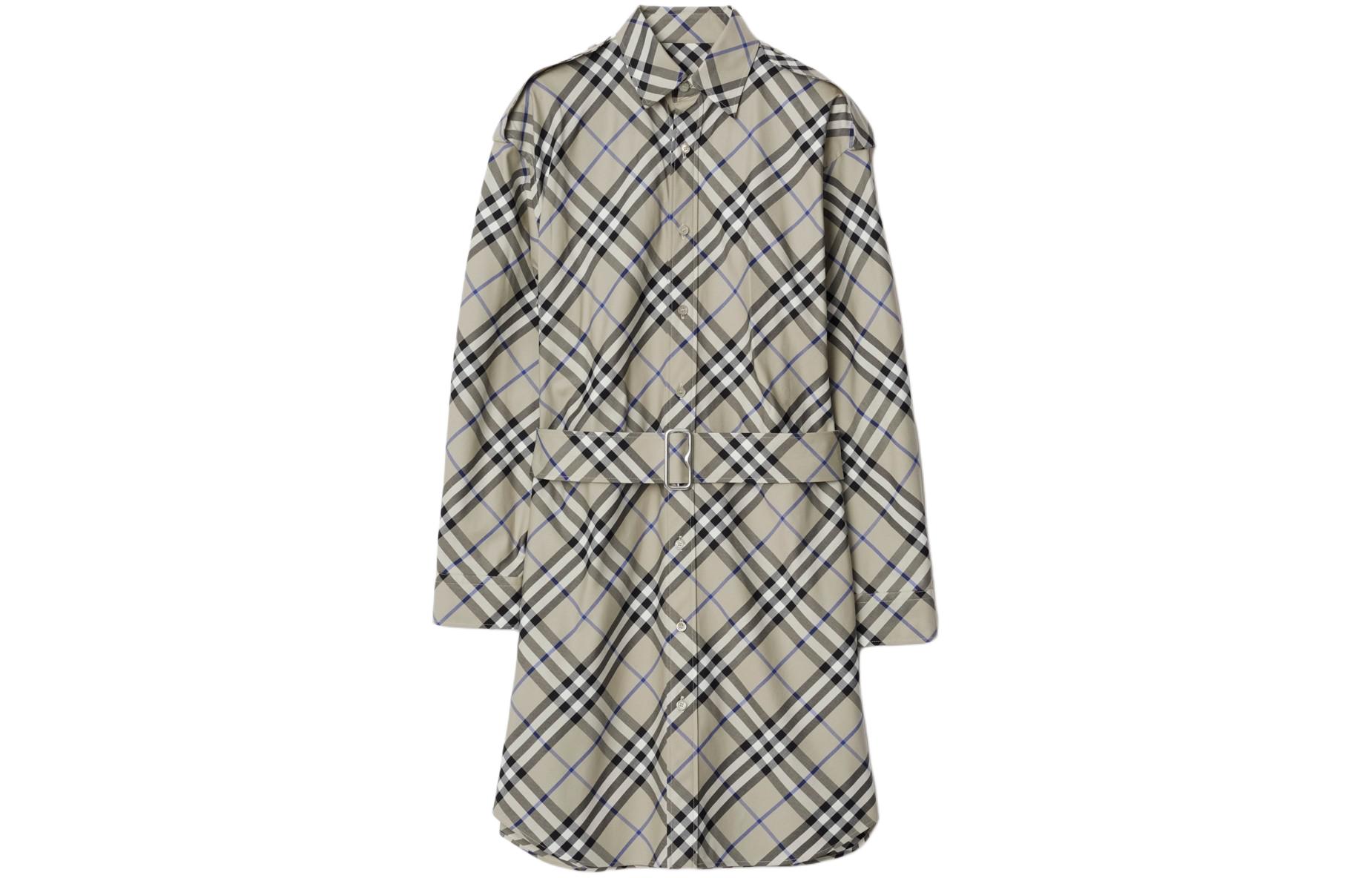 (Women) Burberry  Plaid Print Long-Sleeve Tie-Neck Dress Moss Green 80907171
