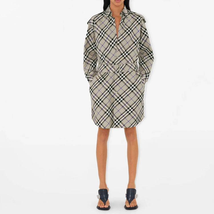 Shop (W) 博柏利格纹长袖系带连衣裙苔藓绿 80907171