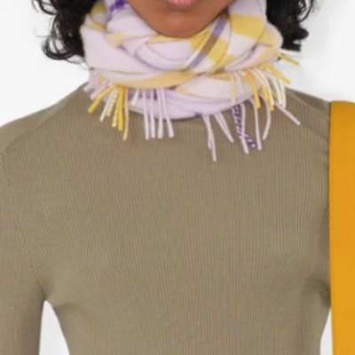 (W) Burberry 紫色羊絨圍巾附流蘇與經典格紋邊飾。 80795561 Purchase (W) Burberry 紫色羊絨圍巾附流蘇與經典格紋邊飾。 80795561