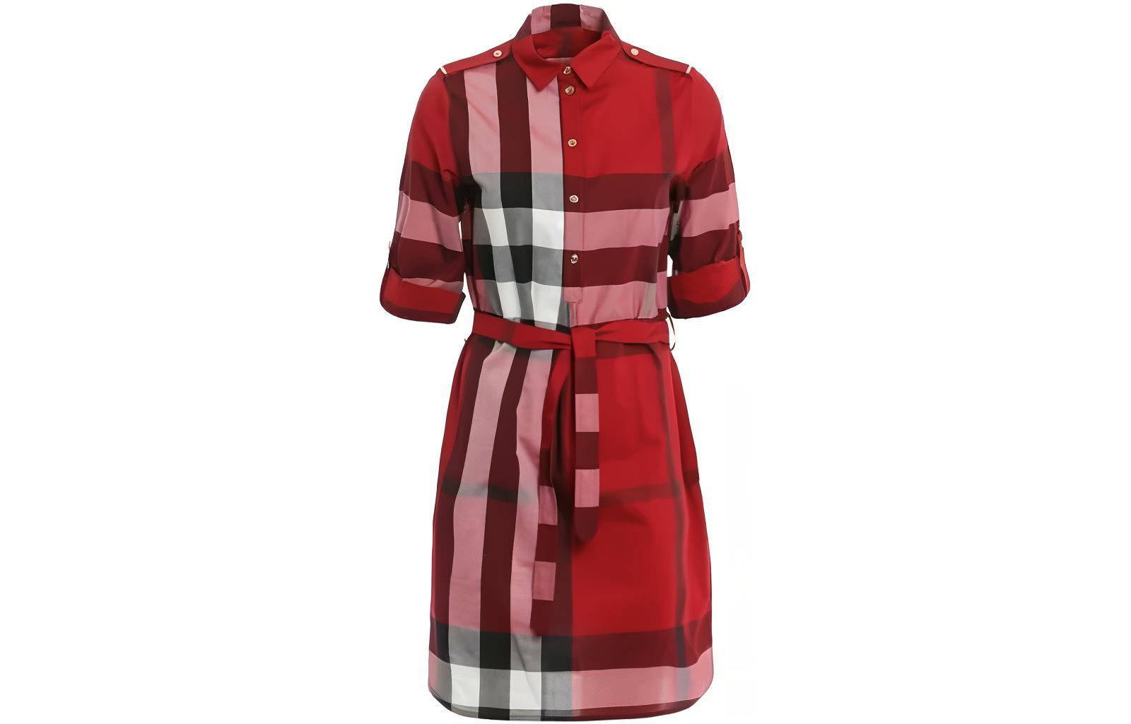 (Women) Burberry  Red Check Print Short Long-Sleeve Dress. 80277061