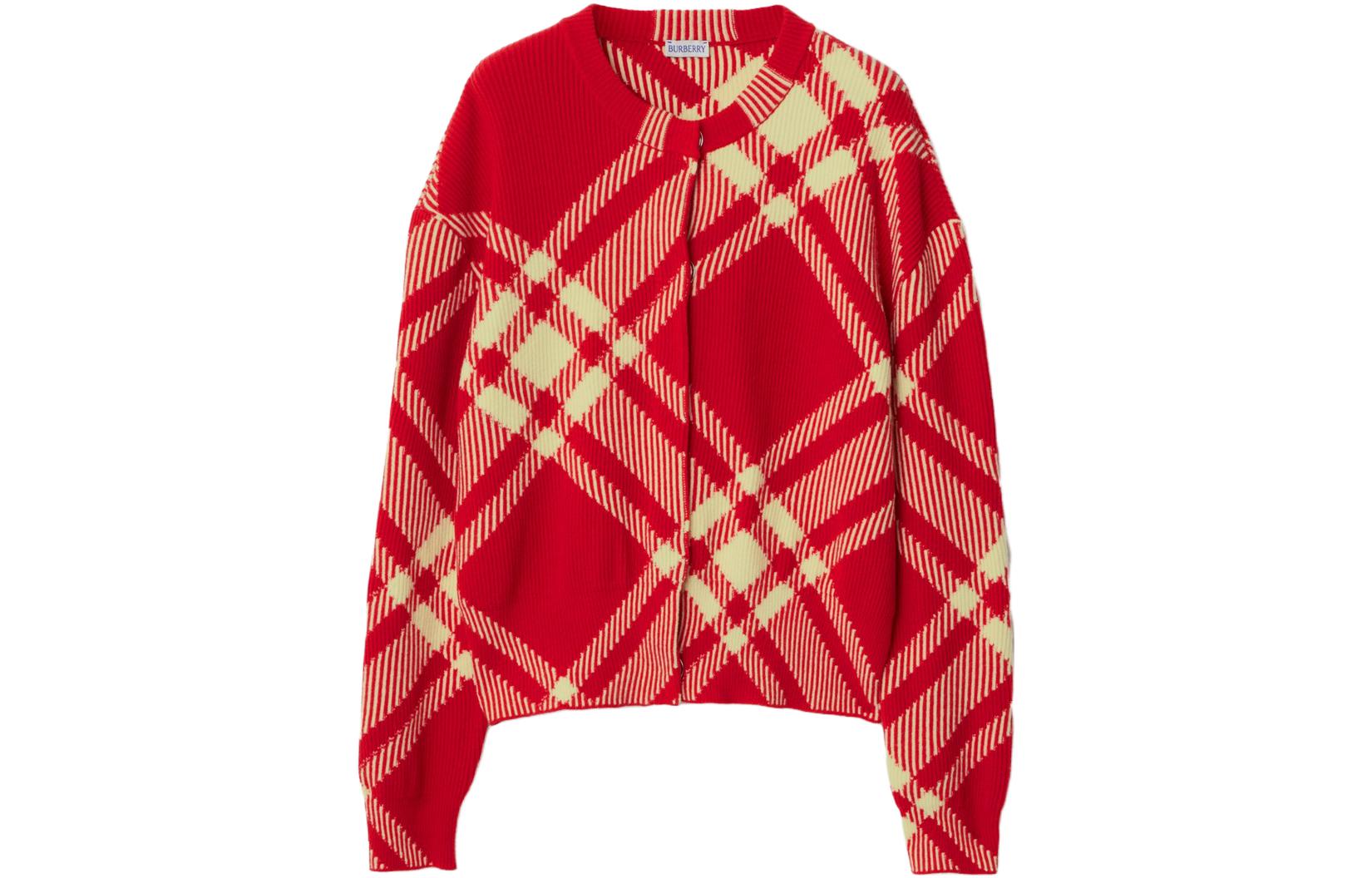 (Women) Burberry  Red Checkered Button-Up Crewneck Knit Long-Sleeve Sweater 80827531