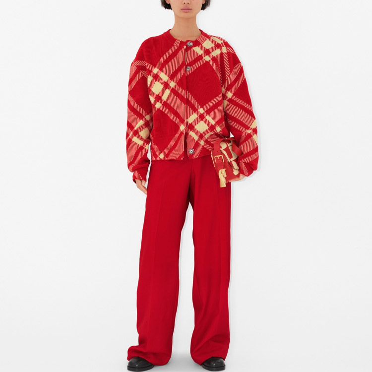 (Women) Burberry  Red Checkered Button-Up Crewneck Knit Long-Sleeve Sweater 80827531 圖 4