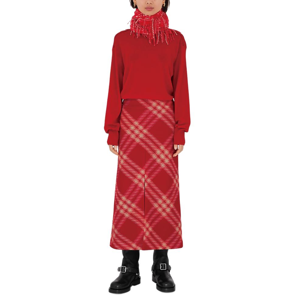 Shop (W) Burberry 紅色格紋長拉鍊開叉休閒裙 80831631