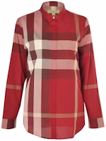 (Women) Burberry Red Colorblock Check Long Sleeve Button-Up Shirt 39900391 (Women) Burberry Red Colorblock Check Long Sleeve Button-Up Shirt 39900391