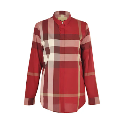 (Women) Burberry Red Colorblock Check Long Sleeve Button-Up Shirt 39900391