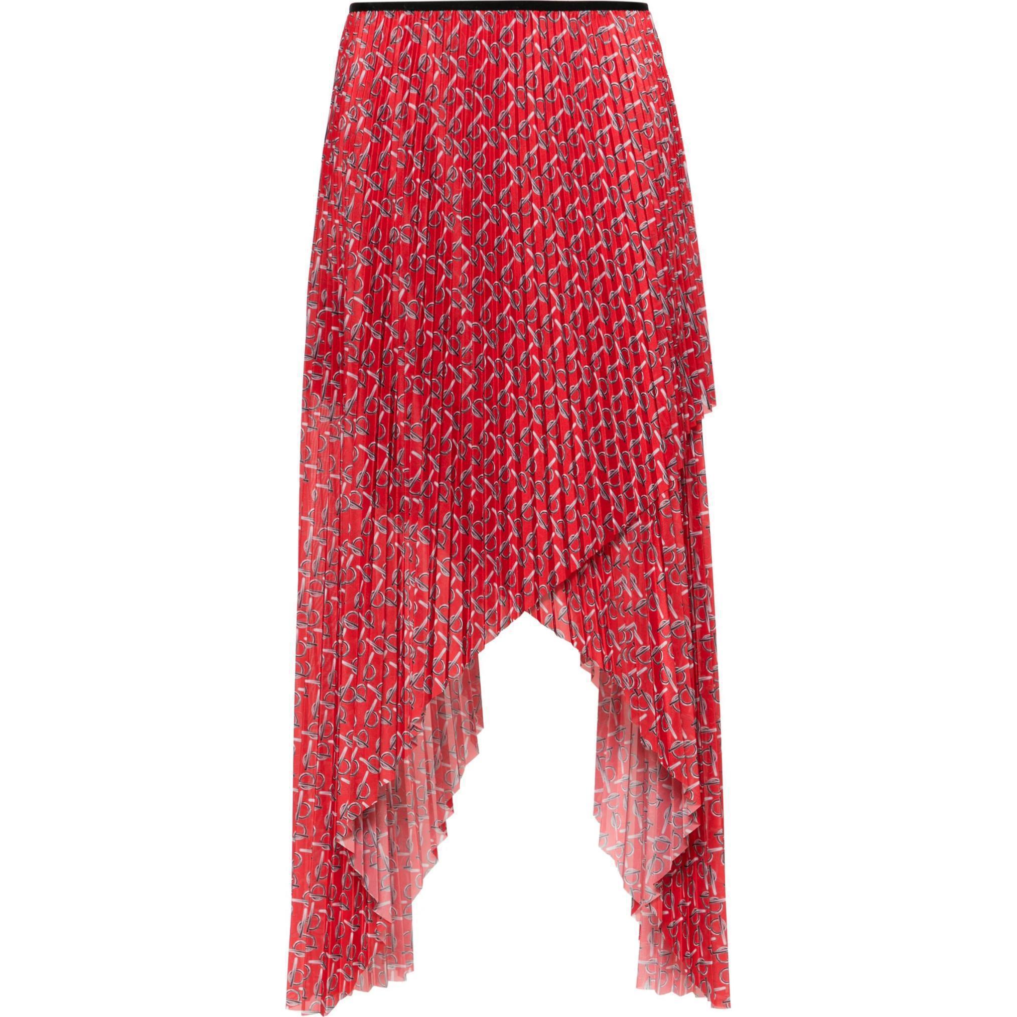 (Women) Burberry  Red Midi Dress with Pattern Print and Asymmetrical Hem. 80881471