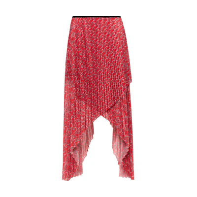 (Women) Burberry Red Midi Dress with Pattern Print and Asymmetrical Hem. 80881471