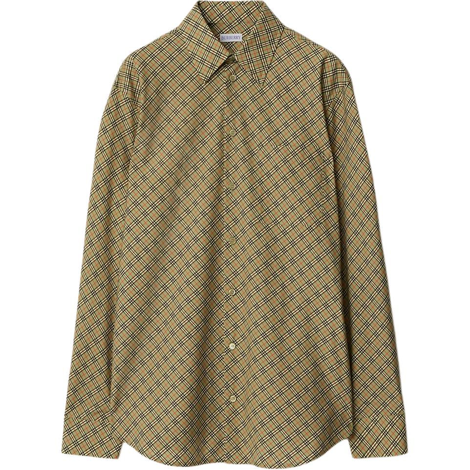 (Women) Burberry  Sage Green Check Pattern Long Sleeve Button-Up Shirt. 80945861