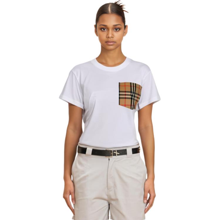Lookbook (Women) Burberry  Slim Fit Pocket Check Crew Neck White T-Shirt. 80803221