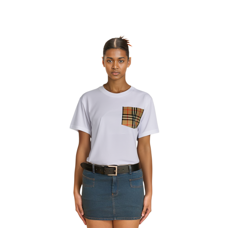 Shop (Women) Burberry  Slim Fit Pocket Check Crew Neck White T-Shirt. 80803221