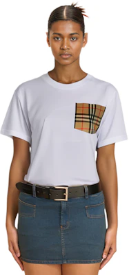 (Women) Burberry Slim Fit Pocket Check Crew Neck White T-Shirt. 80803221 Shop (Women) Burberry Slim Fit Pocket Check Crew Neck White T-Shirt. 80803221