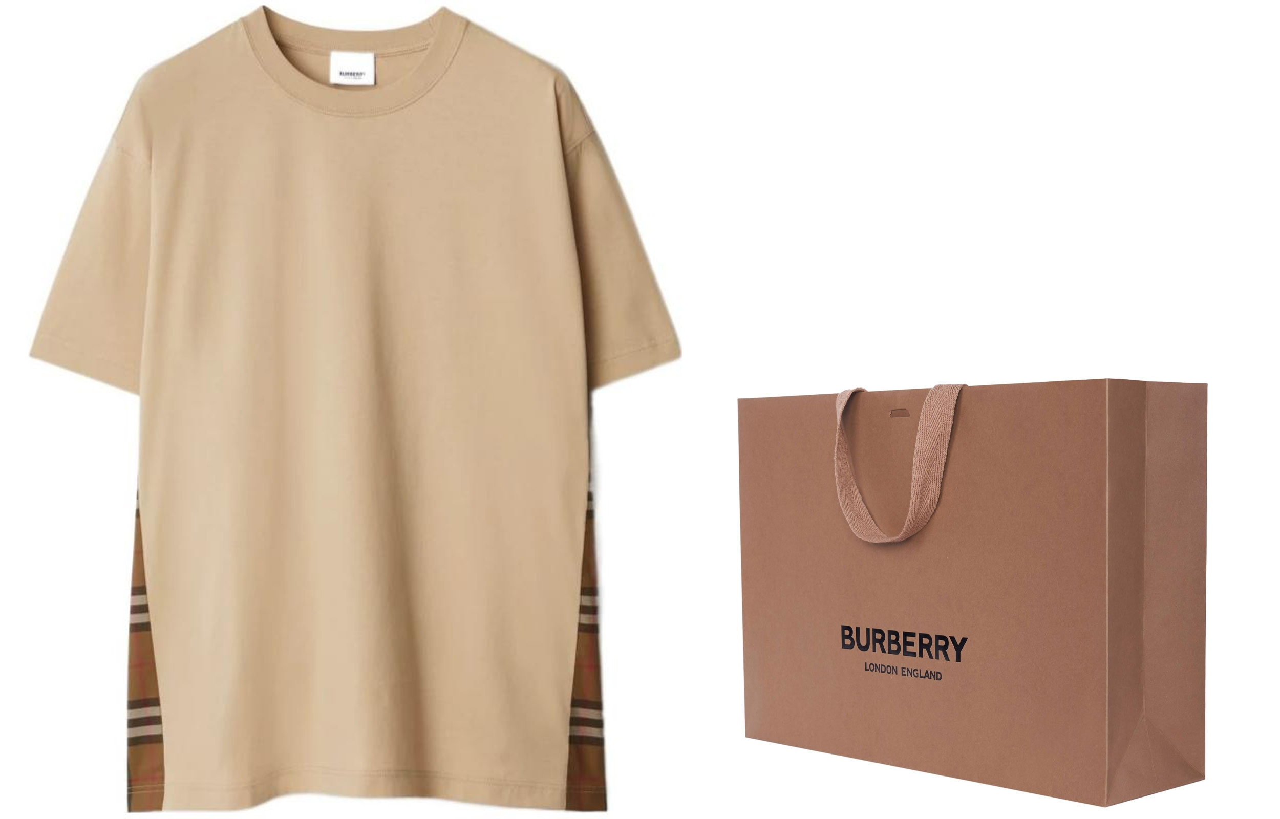 Shop (W) Burberry Kaos Crewneck Solid Color Check Kuning Coklat Lembut SS24. 80851101