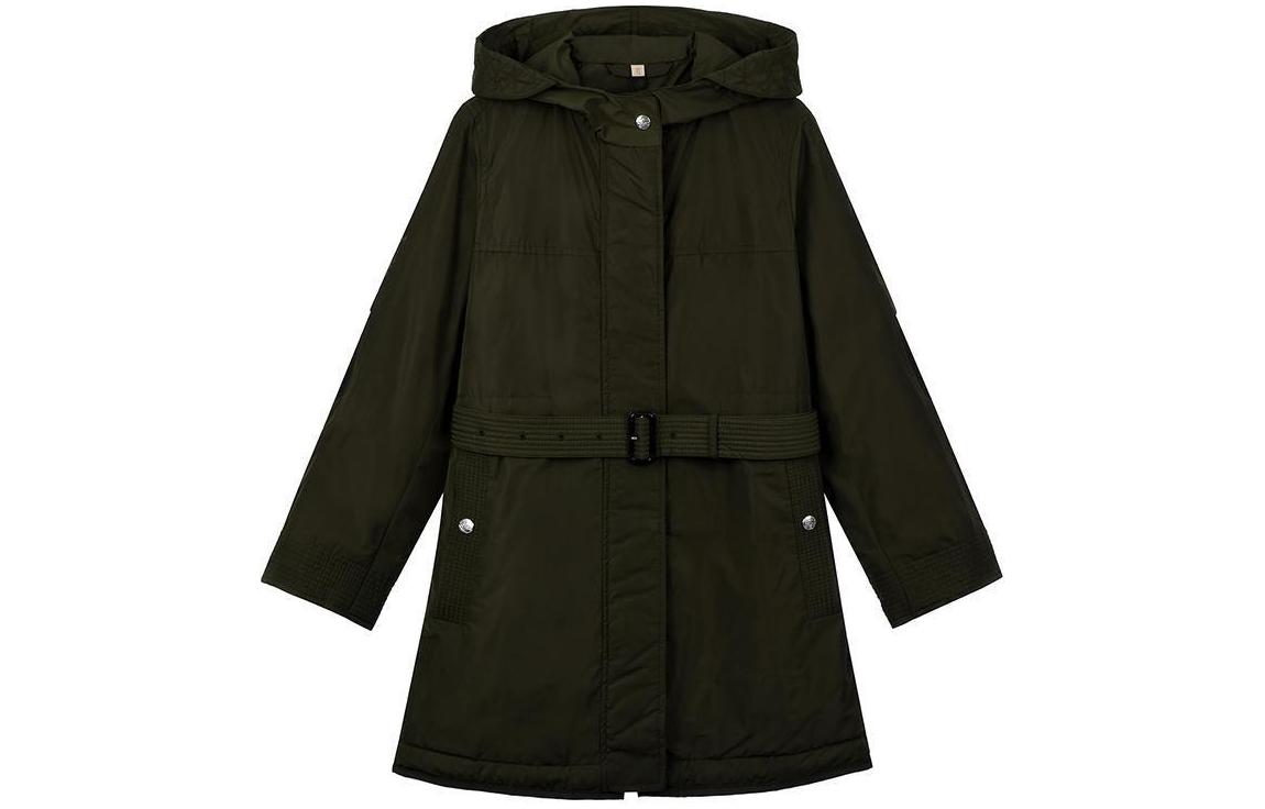 (Women) Burberry  Solid Color Hooded Drawstring Mid-Length Coat in Dark Olive. 80061221