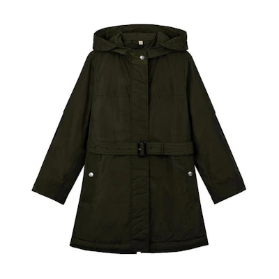 (Women) Burberry Solid Color Hooded Drawstring Mid-Length Coat in Dark Olive. 80061221