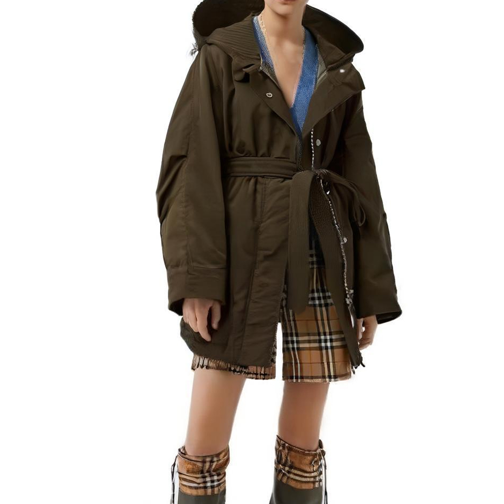 Purchase (W) バーバリー ソリッドカラー ダークオリーブ フード付きドローストリングミドルコート 80061221