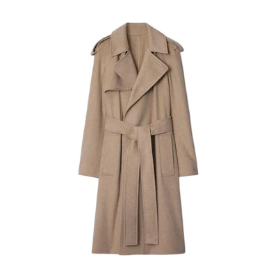 (Women) Burberry Solid Color Long Sleeve Belted Cuban Collar Coat Camel. 80938441