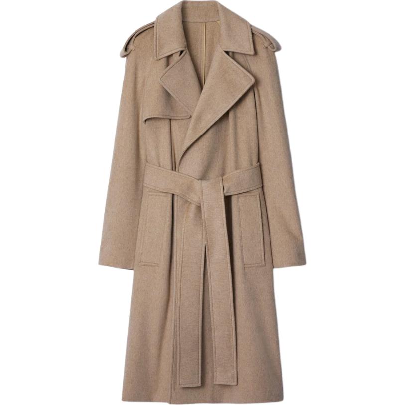 Order (Women) Burberry  Solid Color Long Sleeve Belted Cuban Collar Coat Camel. 80938441