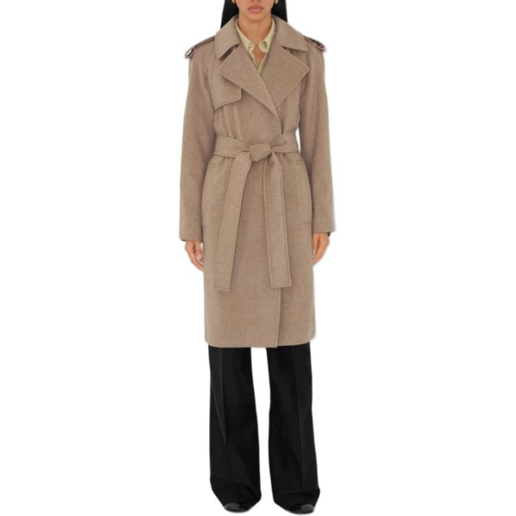 Shop (Women) Burberry  Solid Color Long Sleeve Belted Cuban Collar Coat Camel. 80938441