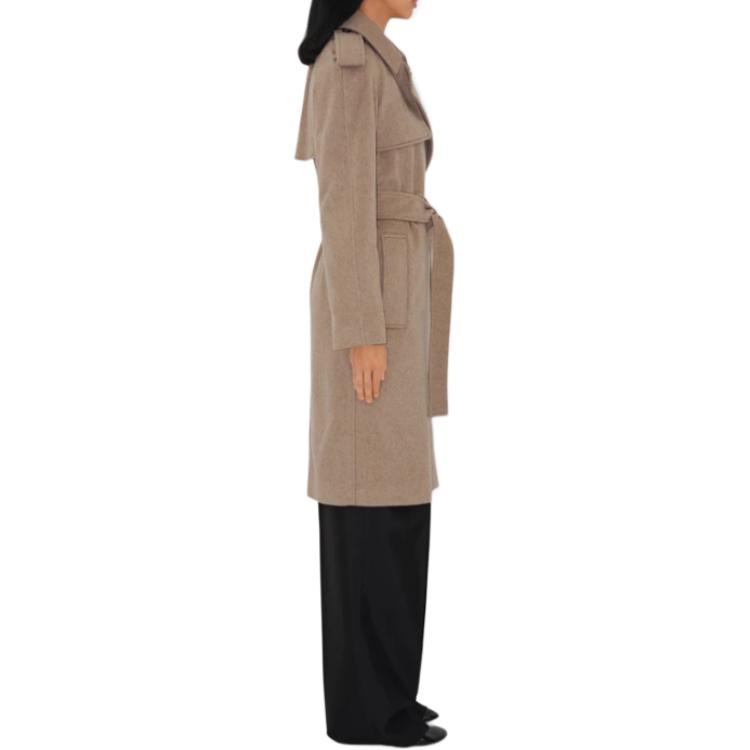 Details for (Women) Burberry  Solid Color Long Sleeve Belted Cuban Collar Coat Camel. 80938441