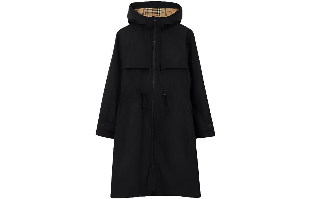 (Women) Burberry  Solid Color Zipper Hoodie Long Sleeve Trench Coat Black 80707631