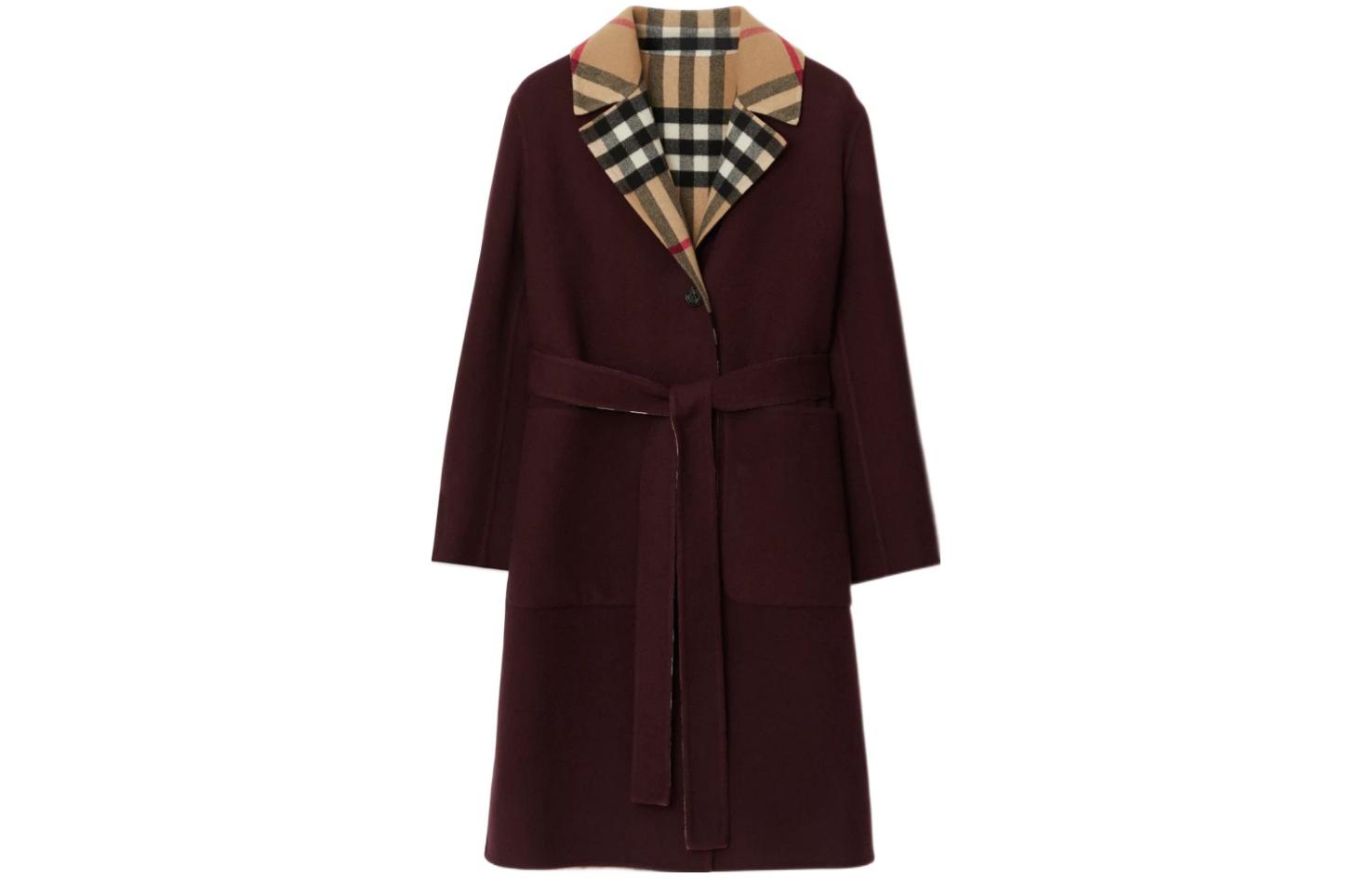 (Women) Burberry  Solid Double-Breasted Mid-Length Coat in Plum Red. 80780321