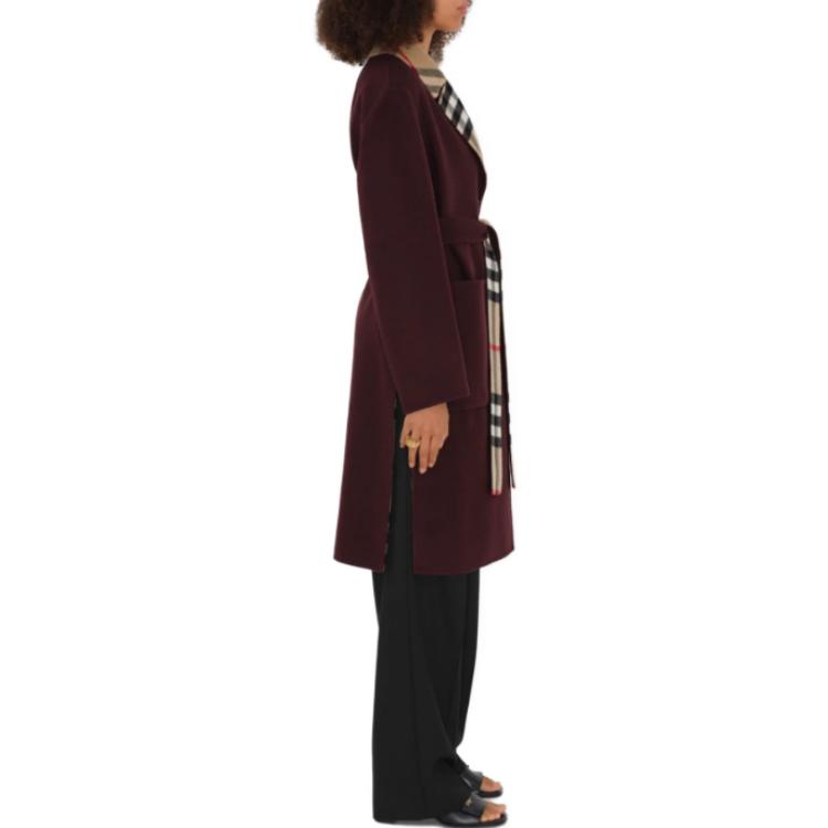 Sizing (W) Burberry Kot Double-Breasted Panjang Sederhana Warna Merah Plum. 80780321