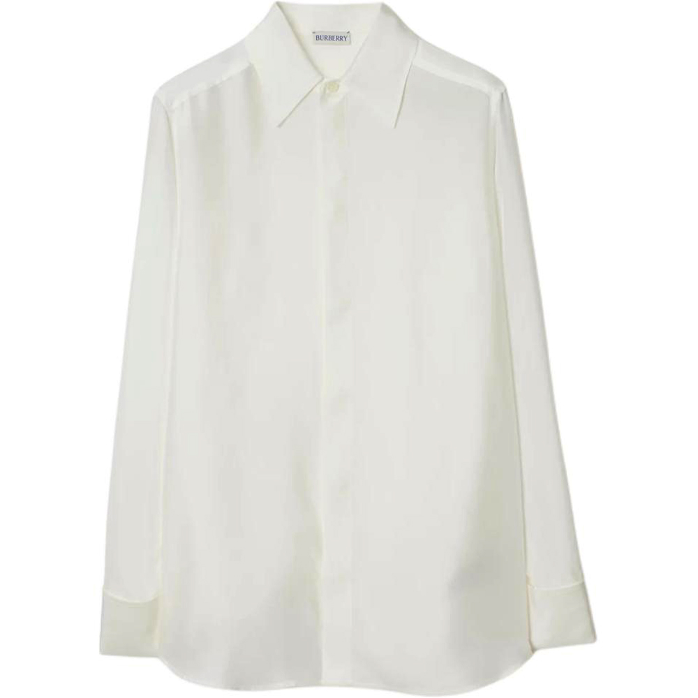 (Women) Burberry  Solid White Long Sleeve Button-Up Shirt with Pointed Collar 80912701