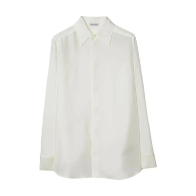 (Women) Burberry Solid White Long Sleeve Button-Up Shirt with Pointed Collar 80912701