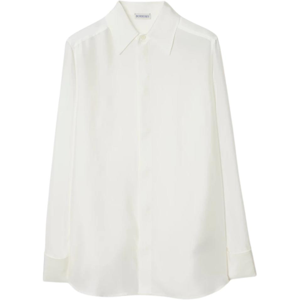 (Women) Burberry  Solid White Long Sleeve Button-Up Shirt with Pointed Collar 80912701 圖 2