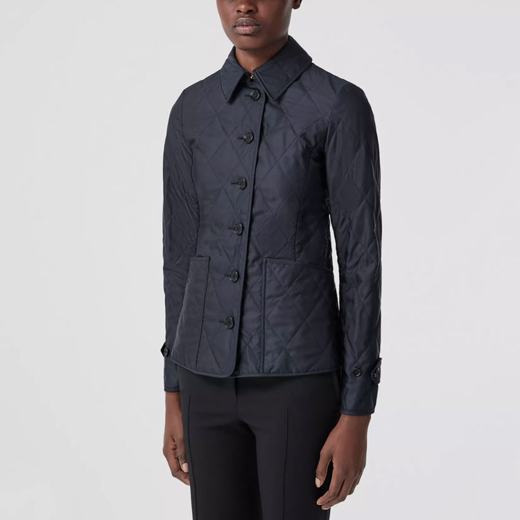 Shop (Women) Burberry  SS22 Quilted Check Single-Breasted Jacket Navy Blue. 80498671