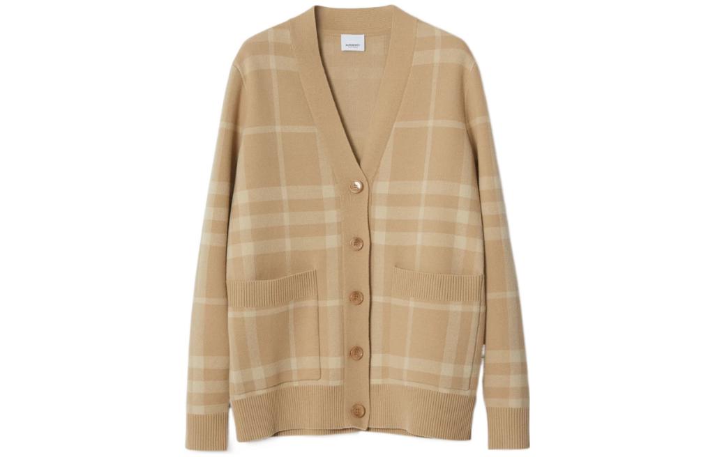(Women) Burberry  SS23 Check V-Neck Single-Breasted Cashmere Cardigan Khaki 80656121