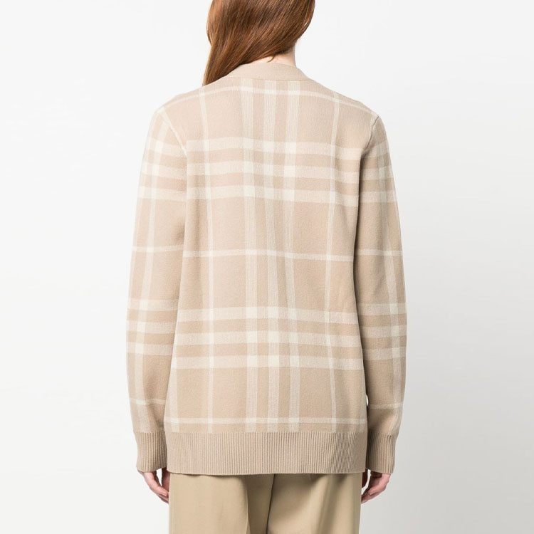 Shop (Women) Burberry  SS23 Check V-Neck Single-Breasted Cashmere Cardigan Khaki 80656121