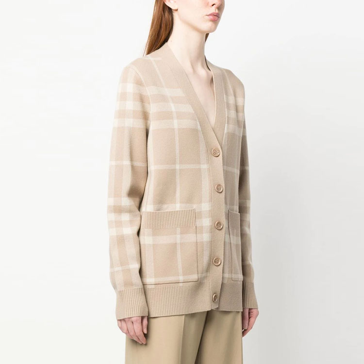 Purchase (Women) Burberry  SS23 Check V-Neck Single-Breasted Cashmere Cardigan Khaki 80656121