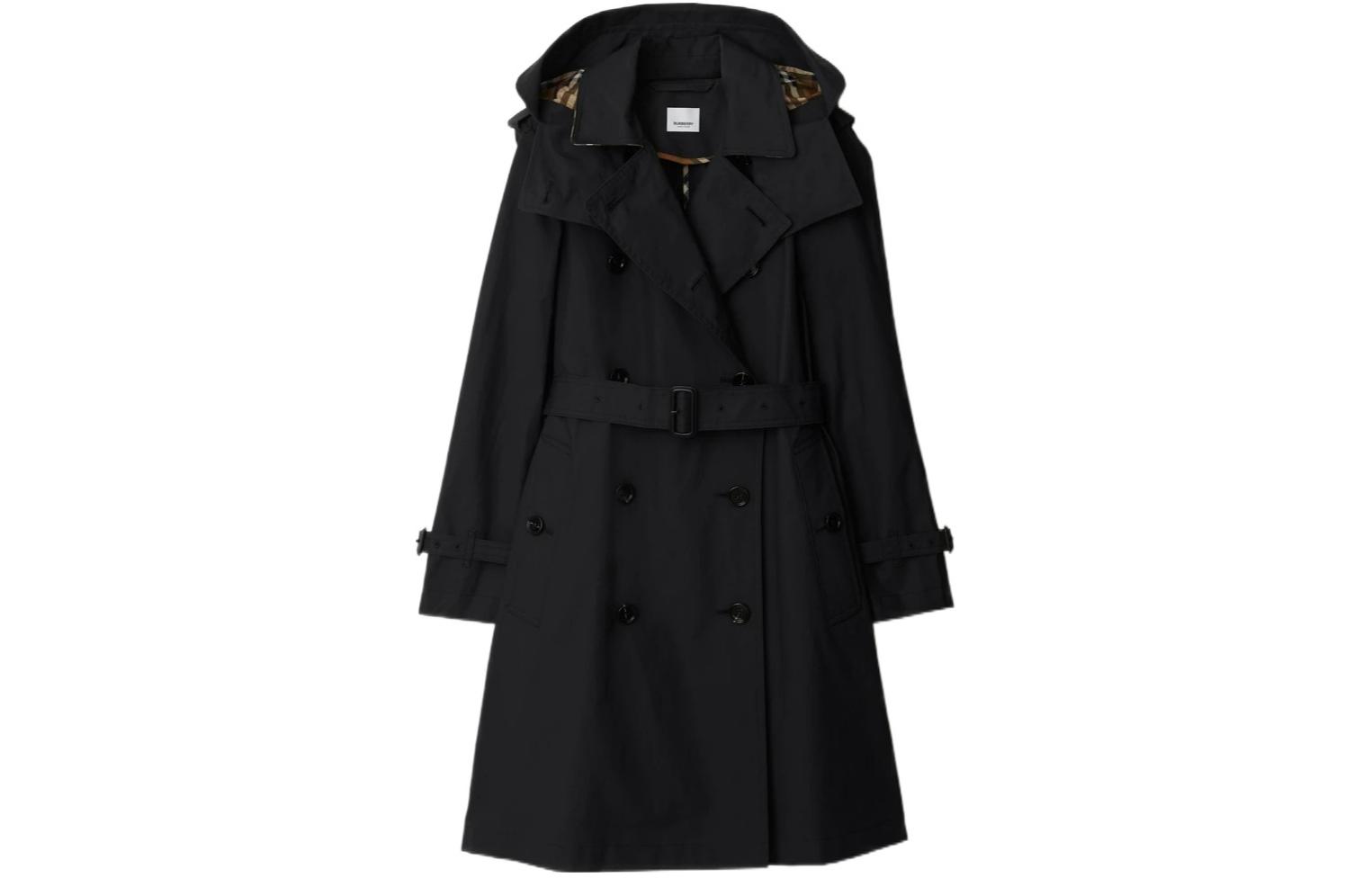 (Women) Burberry  SS24 Black Double-Breasted Hooded Long-Sleeve Trench Coat. 80842511