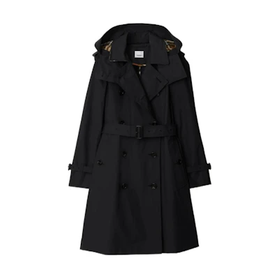 (Women) Burberry SS24 Black Double-Breasted Hooded Long-Sleeve Trench Coat. 80842511
