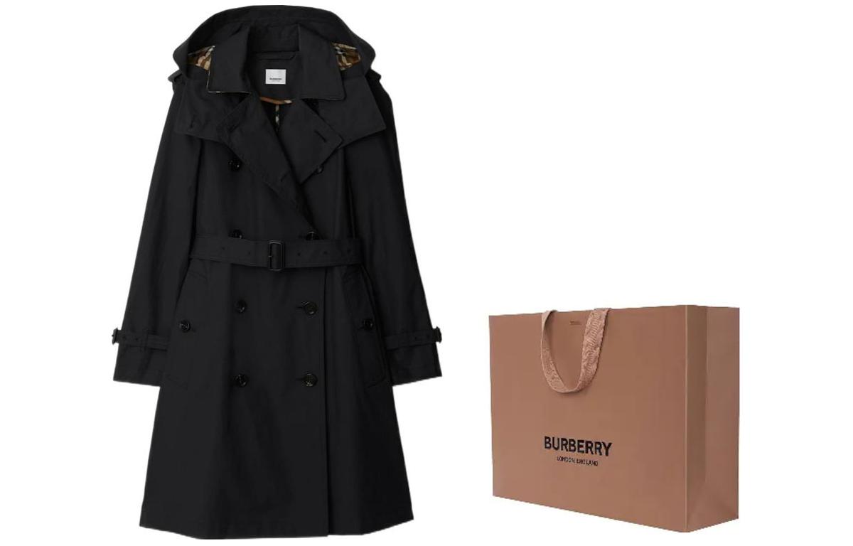 Shop (W) 博柏利 SS24 黑色连帽双排扣长袖风衣. 80842511