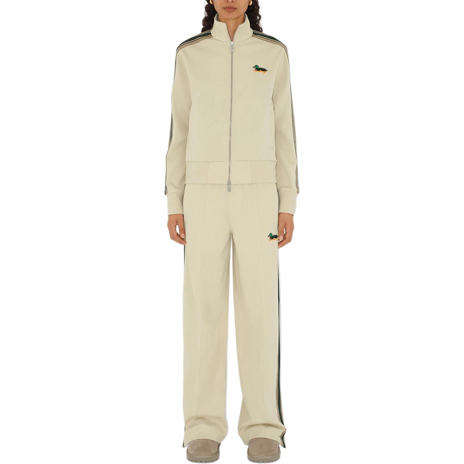 Lookbook (W) Pantalones Casuales Beige Burberry Stripe Colorblock con Logo Bordado. 80926811