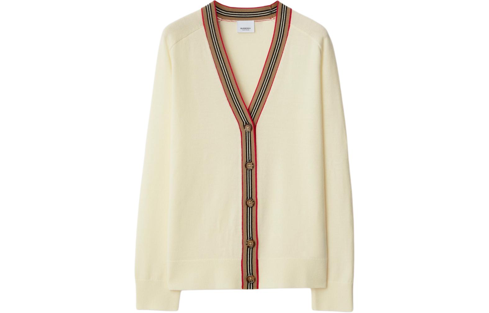 (Women) Burberry  Striped V-Neck Button Knit Cardigan Ivory White. 80843261