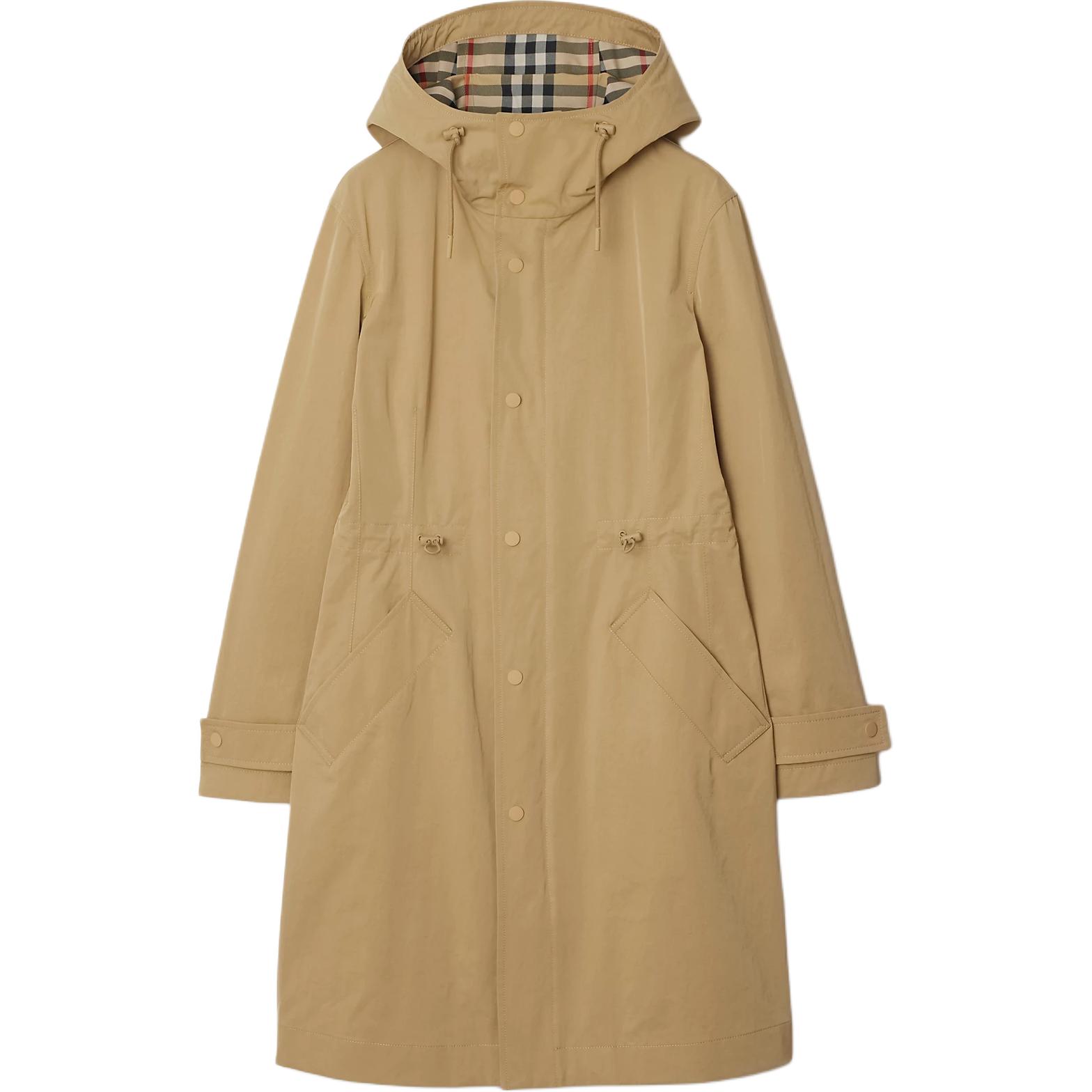 (Women) Burberry  Tan Solid Zip-Up Hooded Long Coat Jacket. 80954451
