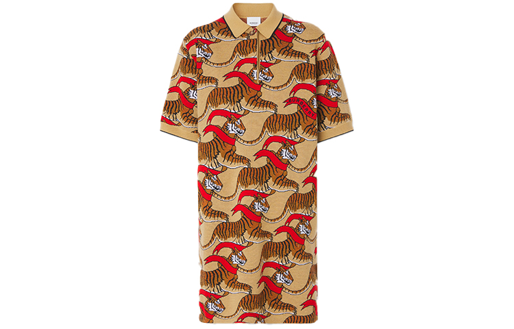 (Women) Burberry  Tiger Pattern Jacquard Wool Polo Dress Brown Short Sleeve 80514671