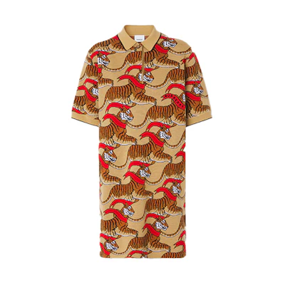 (Women) Burberry Tiger Pattern Jacquard Wool Polo Dress Brown Short Sleeve 80514671