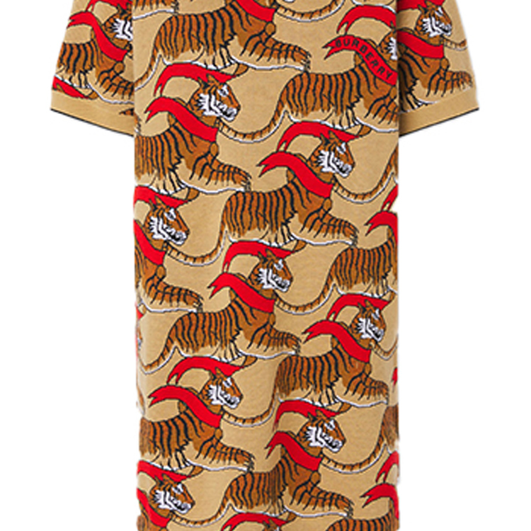 Details for (W) Vestido Polo de Lana Jacquard Patrón Tigre Burberry Marrón Manga Corta. 80514671